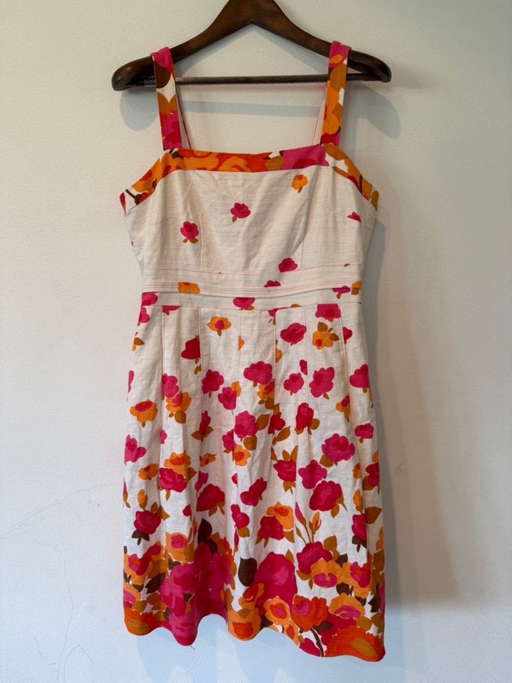 Adrianna Papell Linen Square Neck Floral Midi Dress Pockets Thick Straps Sz 14 - Picture 2 of 11